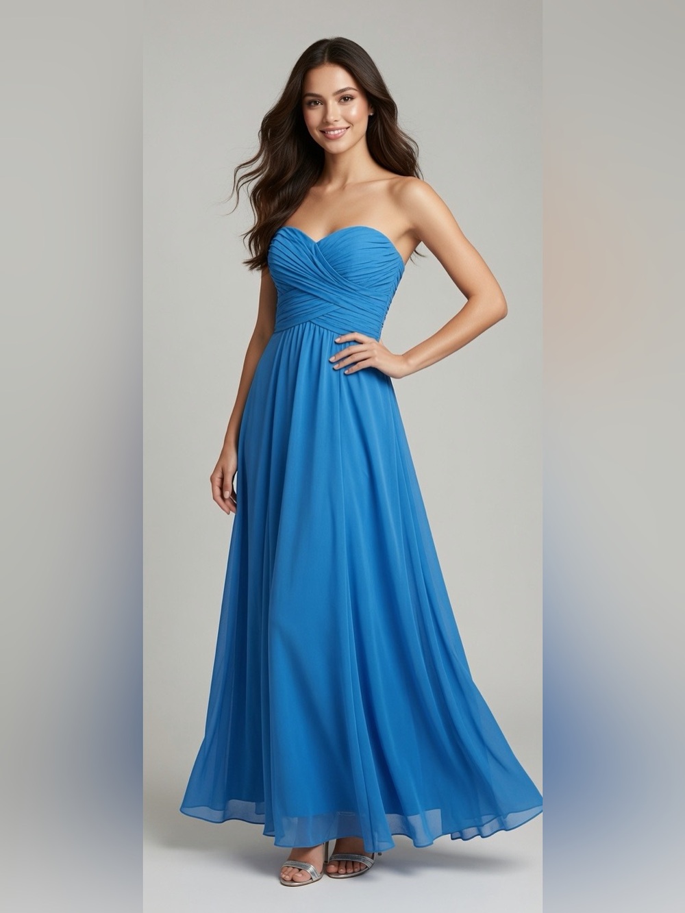 New Ralph Lauren Evening Blue Long Dress Maxi Chiffon Strapless Flared Gown